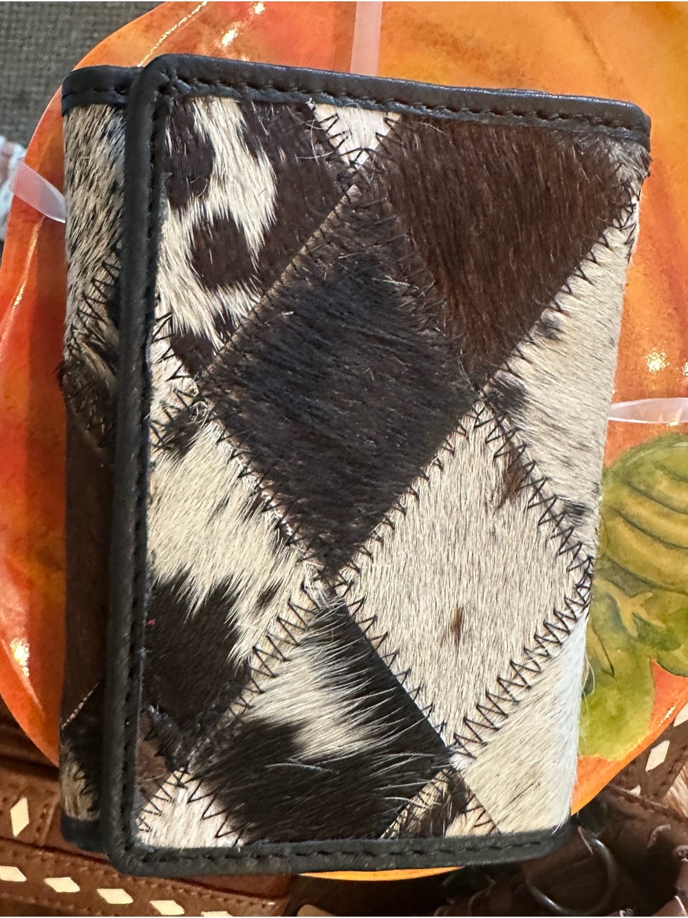 Cowhide Patchwork Wallet - Brown & White